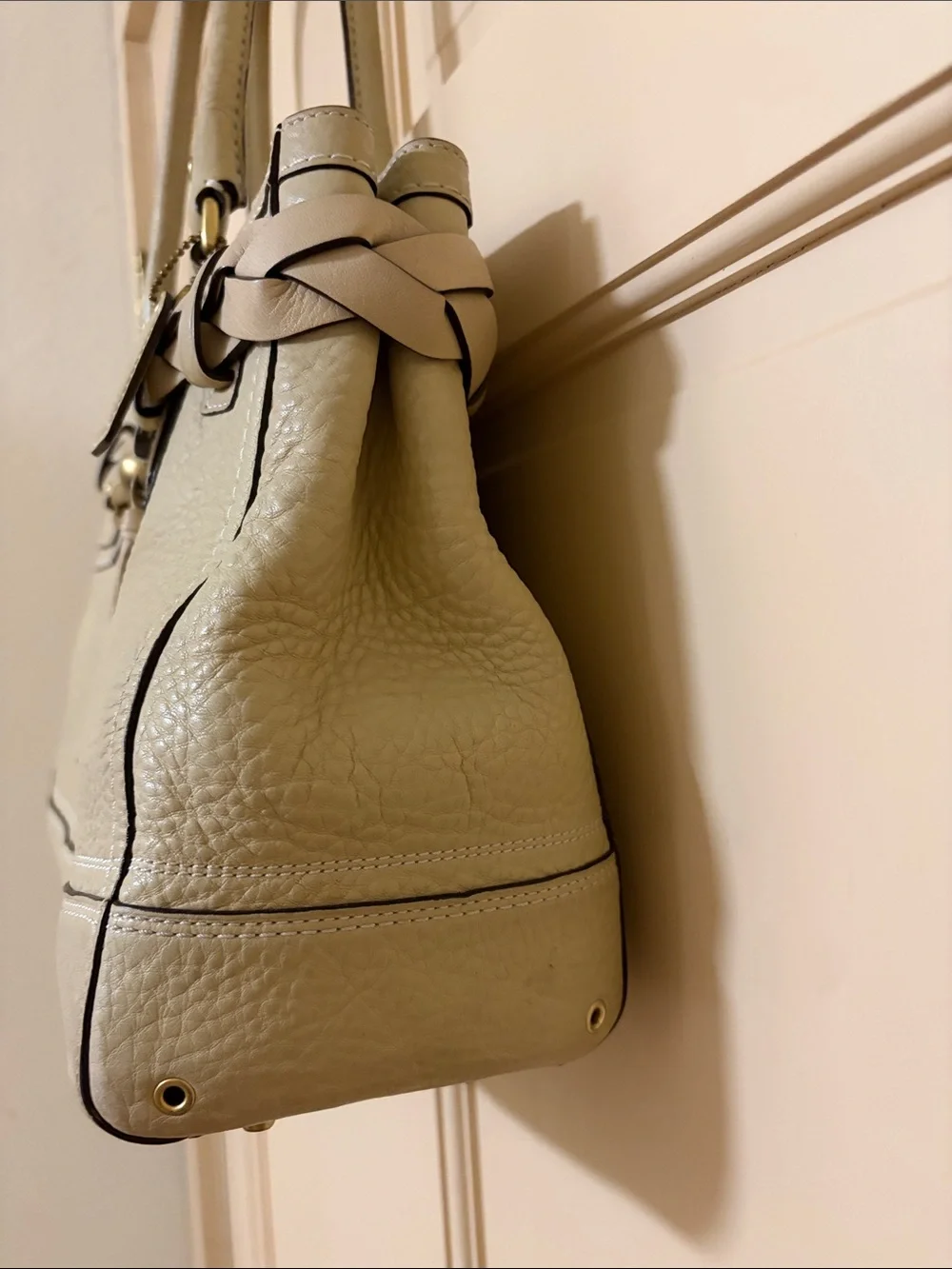 Coach Cream Leather Shoulder Tote with Braided Trim and Tassel
